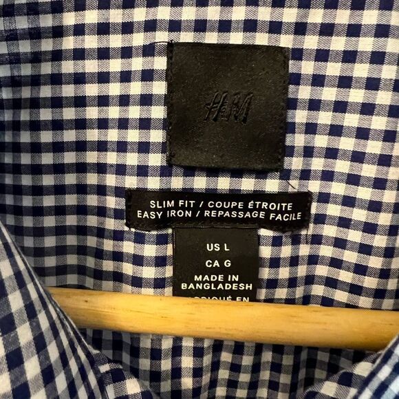 MENS H&M Blue & White Check Button Up Collared Dress Shirt L - Picture 7 of 8